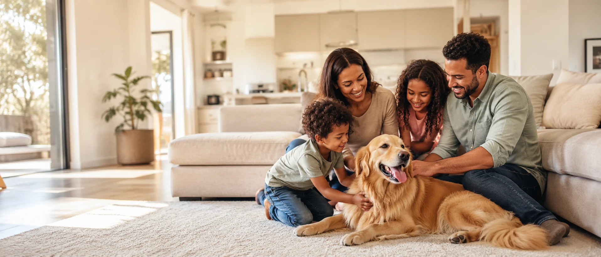 A golden retriever resting beside their family in a sunlit Atlanta living room